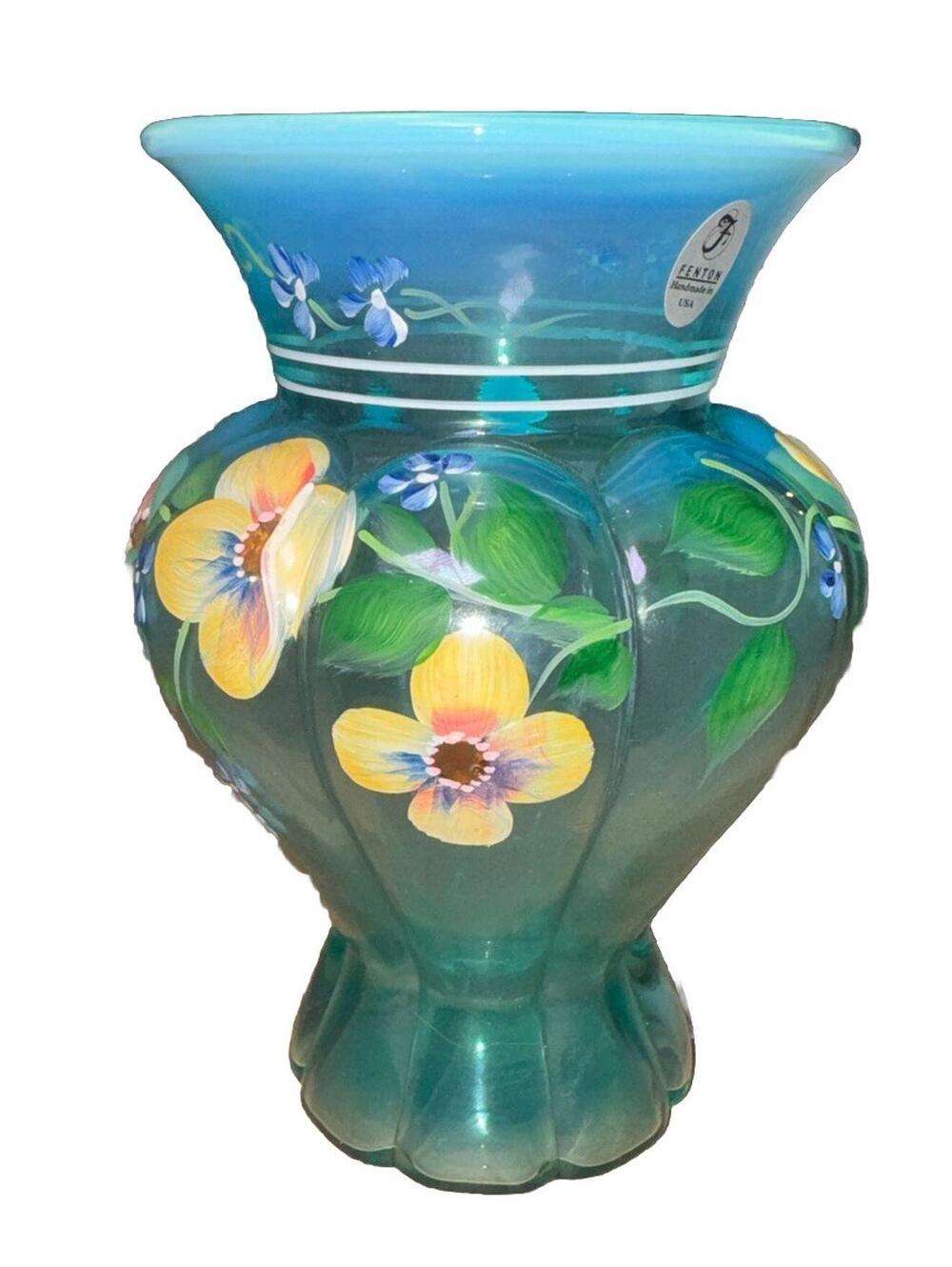 RARE FENTON VASE Hand Painted Signed New Blue Floral Vase Brand New In Box
